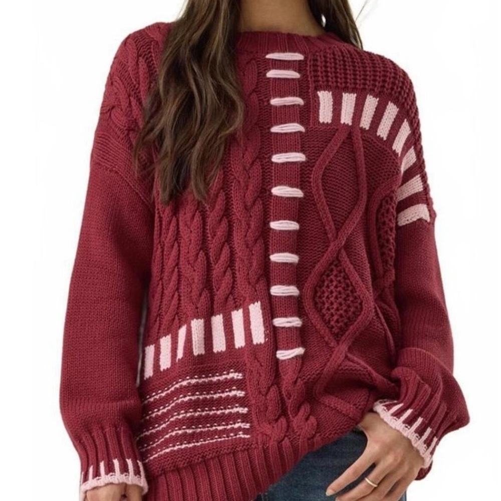 Altar’d  State  Cable Knit Sweater with Pink Accents size XS NWT. OVERSIZED